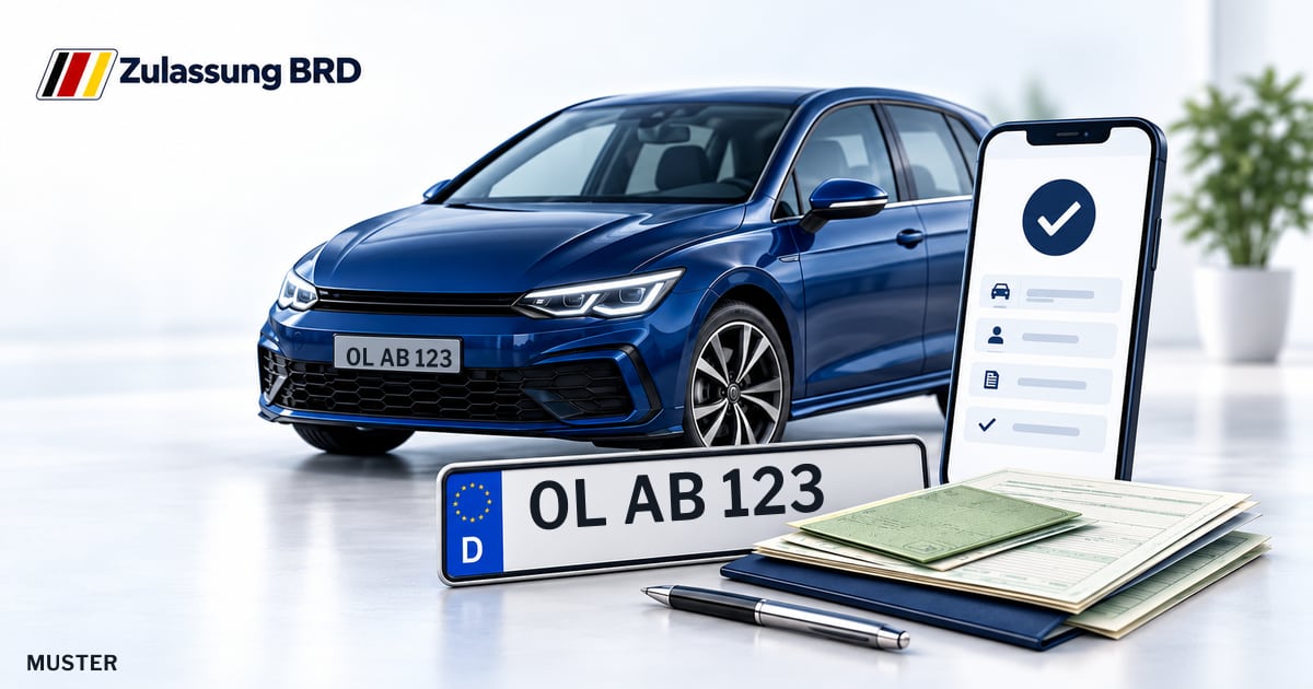 Online Fahrzeugzulassung in Großenkneten: Musterkennzeichen OL AB 123, Auto und Fahrzeugpapiere und Smartphone. Illustration mit Logo von Zulassung BRD.